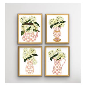 Set of 4 Prints, 8x10 inches, Unframed, Mixed Floral in Pink and White, Mackenzie- Child’s Inspired,  Kitchen, Hydrangea Art