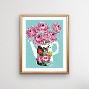 May include: A white teapot with a floral pattern, filled with pink flowers, against a light blue background.