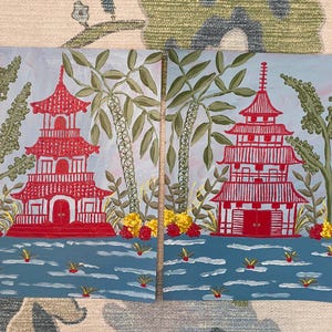 Set of 2 Original Pagoda Paintings, Acrylic on Paper, 11x14 inches, Unframed, Chinoiserie, Chinoiserie Art, Chinoiserie Style, Pagoda Art,