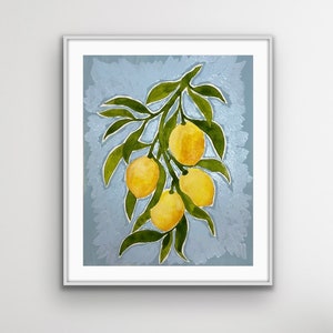 May include: A watercolor painting of a branch of a lemon tree with four lemons hanging from it. The lemons are yellow and the leaves are green. The background is a light blue color.