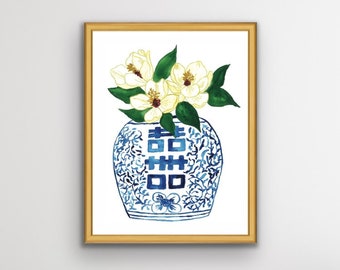 8x10 inch Signed Print, Magnolia Art, Blue and White Jar, Double Happiness Jar, Chinoiserie, Magnolia, Watercolor, Ginger Jar