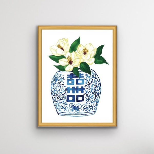 8x10 inch Signed Print, Magnolia Art, Blue and White Jar, Double Happiness Jar, Chinoiserie, Magnolia, Watercolor, Ginger Jar