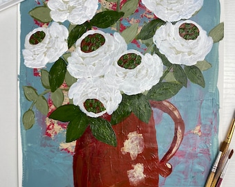 Musical Roses, Original Art, Acrylic on Paper, White Roses, Floral Art, Art