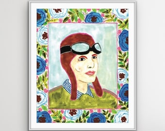 Amelia Earhart Watercolor Art Print: Famous Women in STEM (8x10 Unframed)