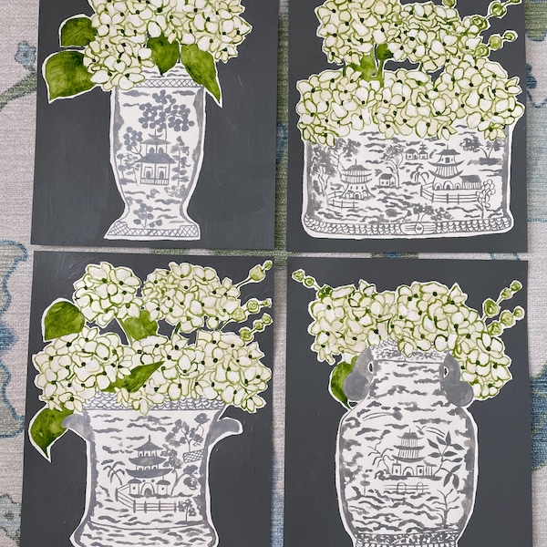 Original Hydrangea Watercolor Painting Set, Chinoiserie Art (11x14 inches)