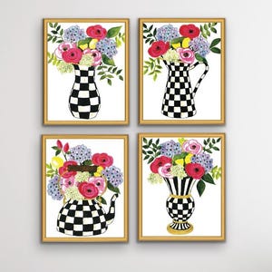 May include: Set of four framed prints featuring black and white checkered vases, pitchers, and a teapot filled with colorful flowers. The flowers are pink, red, purple, and yellow.