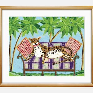 Leopard in Palm Springs, 8x10 inch fine art print, Leopard Art, Palm Springs Art, Leopard Painting, Grandmillennial Style, Fancy Leopard