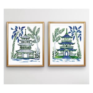 Set of 2 Watercolor Pagoda Signed Prints, 8x10, Unframed, Chinoiserie, Chinoiserie Art, Chinoiserie Style, Pagoda Art, Blue Green