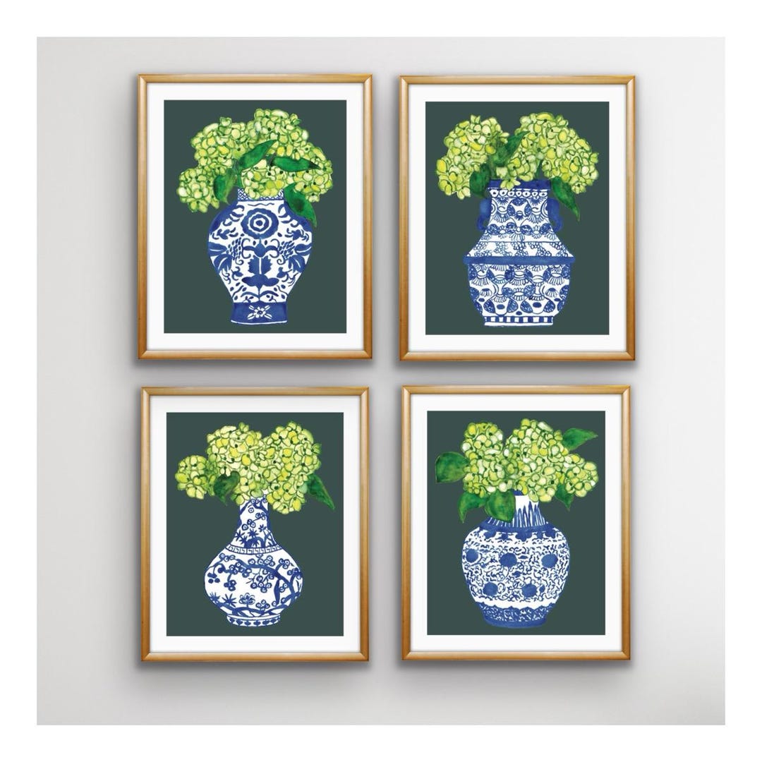 Chinoiserie Art Prints - Set of 4 Blue and White Watercolor Paintings ...