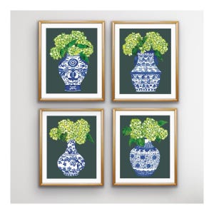 Set of 4 Watercolor Blue and White  Signed Prints, Unframed, Chinoiserie, Chinoiserie Art, Chinoiserie Prints, Chinoiserie Style, Blue Green