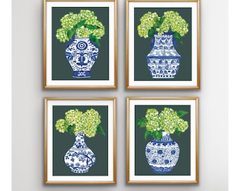 Chinoiserie Art Prints - Set of 4 Blue and White Watercolor Paintings