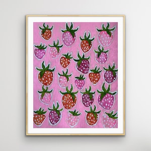 Pink Strawberries, 8x10 inch signed print, Unframed, Watercolor and Acrylic on Paper, Strawberry, Strawberry Art,
