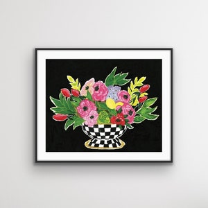 May include: A framed watercolor painting of a floral arrangement. The flowers are in a black and white checkered bowl with a gold rim. The flowers are pink, red, yellow, and purple, with green leaves against a black background.