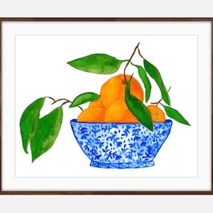 8x10 Original Watercolor Oranges in a Blue and White Bowl, Blue and White Art, Blue and white Watercolor, Still Life