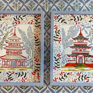 Watercolor Pagoda Original Art, 11x14 inch, Chinoiserie, Chinoiserie Art, Chinoiserie Prints, Chinoiserie Style, Pagoda Art, Blue Green