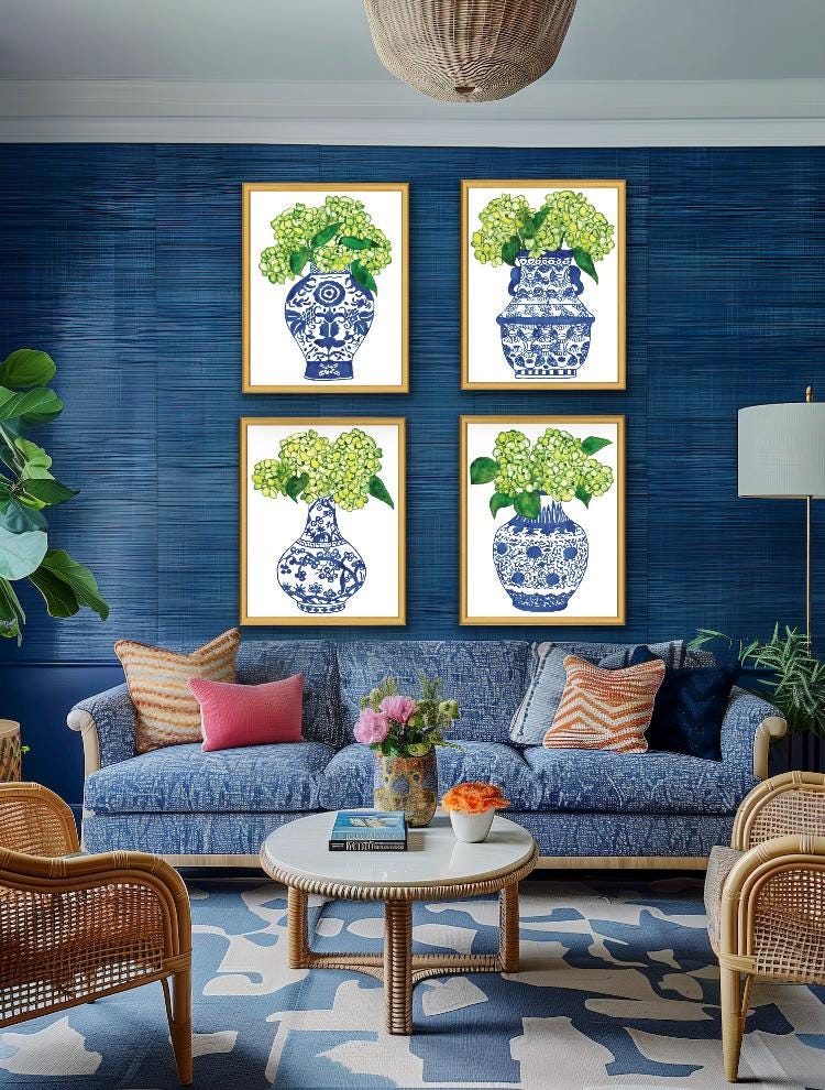Chinoiserie Art Prints - Blue and White Watercolor Set of 4 - Etsy