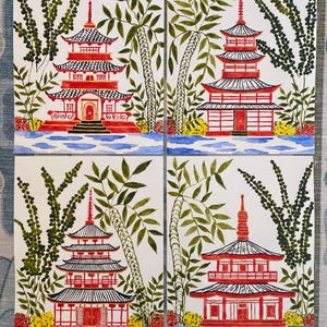 Original Watercolor Pagoda Painting Set: Chinoiserie Art, Blue Green (11x14 inches)