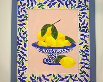 Original Lemon Watercolor, Frame and May Included, 11x14, Lemon Art, Lemon Painting, Kitchen Art, Blue and White Bowl, Chinoiserie
