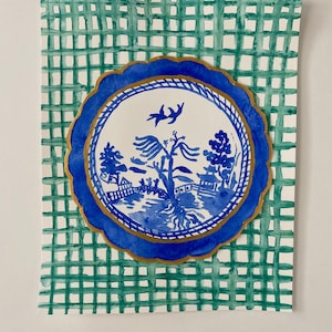 Blue Willow, 8x10 inch Original Watercolor and Collage on Paper, Plate Portrait, Antique Blue Willow, Vintage Blue Willow, Kitchen Art