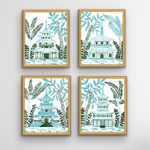 Set of 4 Watercolor Pagoda Signed Prints, Unframed, 8x10, Chinoiserie, Chinoiserie Art, Chinoiserie Style, Pagoda Art, Blue Green