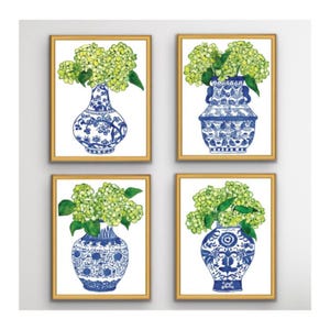 Set of 4 Watercolor Blue and White  Signed Prints, Unframed, Chinoiserie, Chinoiserie Art, Chinoiserie Prints, Chinoiserie Style, Blue Green
