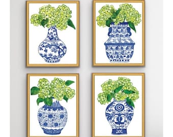 Chinoiserie Art Prints - Blue and White Watercolor Set of 4