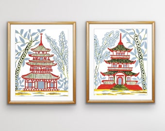 Watercolor Pagoda Prints Set: Chinoiserie Art, Signed, Unframed