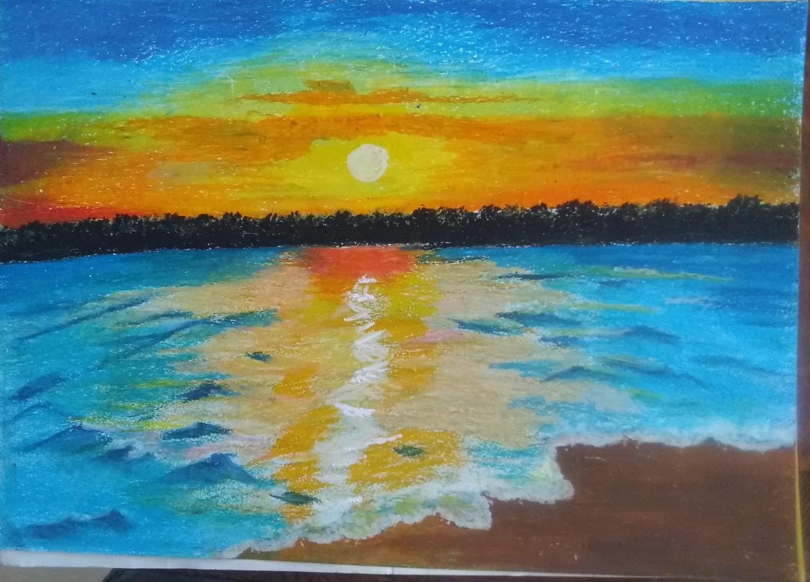 Hand-made Oil Pastel Painting of Sunset Reflection in Water | Etsy