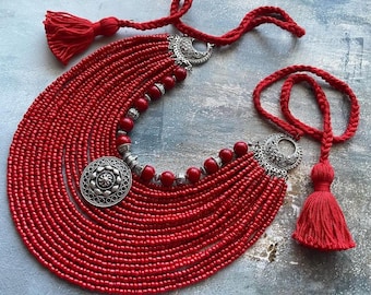 Slavic jewelry Red Ukrainian Accessories Necklace Beads Handmade Ceramic Beaded Necklace Scythian ethics Jewelry with a medallion