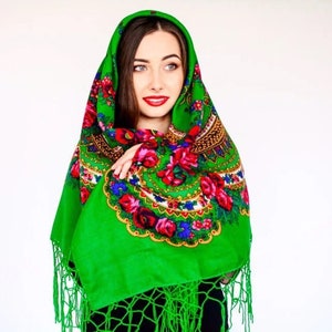 LIGHT GREEN shawl Babushka Scarf with Tassels Ukrainian Shawl Slavic Platok Floral Folk Fabric 125x125 cm (49x49 inch) Shawl with flowers