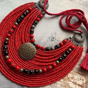 Red necklace Ukrainian Traditional necklace Jewelry Ethnic ceramics Multirow Necklace of antique glass beads with medallion