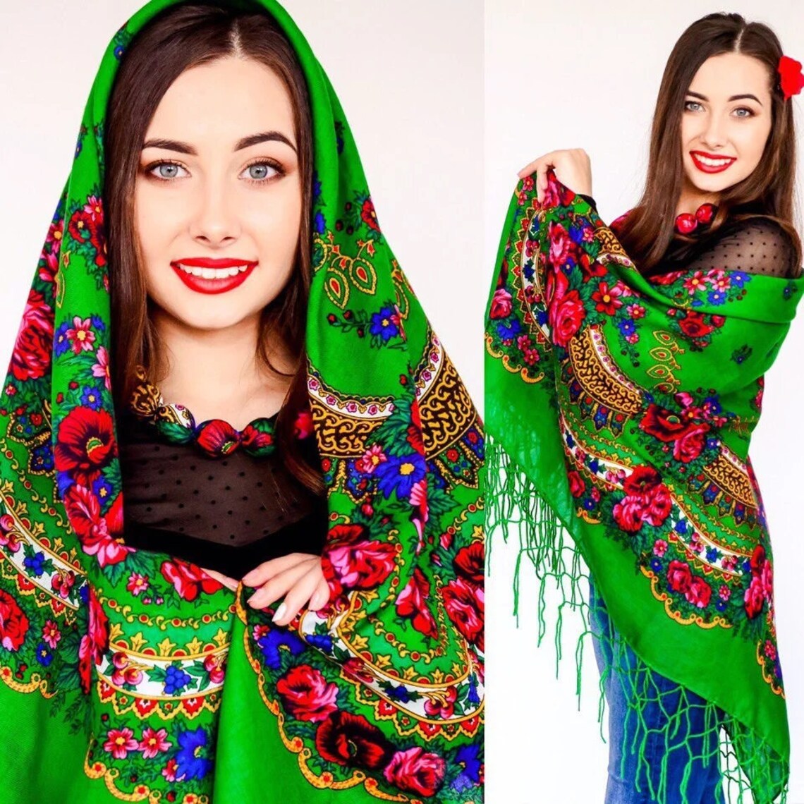 Babushka Scarf With Tassels Ukrainian Shawl Russian Platok Floral Folk