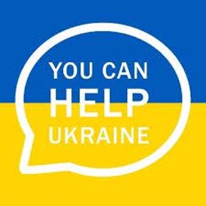 May include: A white speech bubble with the text "YOU CAN HELP UKRAINE" in black letters, superimposed on the Ukrainian flag, which is blue on top and yellow on the bottom.