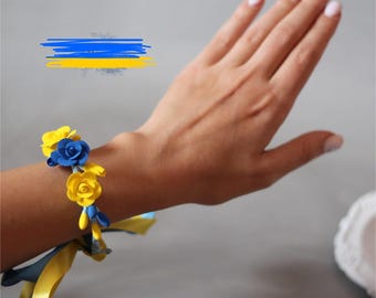 Bracelet blue and yellow from polymer clay flower Ukrainian accessorise jewellery eco-friendly jewellery Ukrainian jewellery Flag of Ukraine