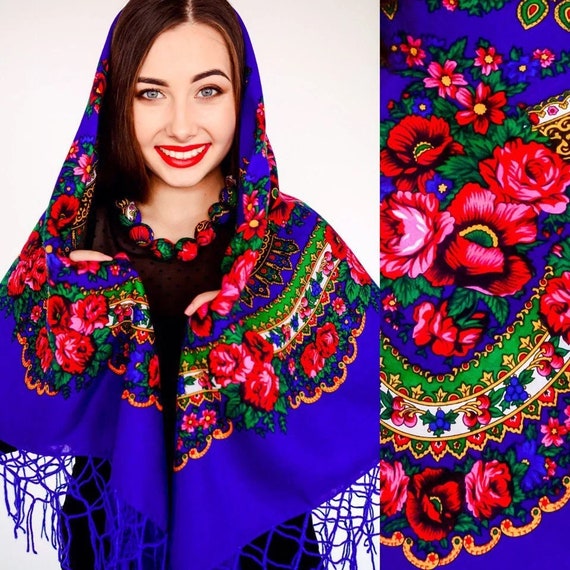 Babushka Scarf With Tassels Ukrainian Shawl Platok Floral Folk