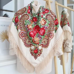 Ukrainian shawl Milk White Shawl Traditional Ukrainian gifts for women Mom Daughter shawl boho scarf flower Gift for her Beige scarf