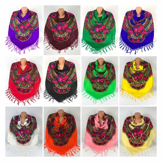 Babushka Scarf With Tassels Ukrainian Shawl Platok Floral Folk
