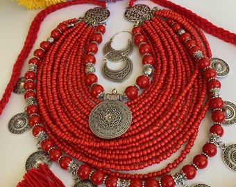 Slavic necklace Viking jewelry A necklace of the ancient world Ukrainian necklace Red necklace Necklace with earrings Wide necklace Beaded