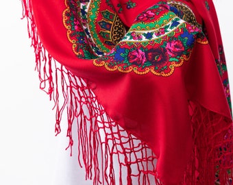 Chal ucraniano con rosas, bufanda ucraniana, chal bufanda de tamaño GRANDE con patrones de flores y flecos, moda popular de Ucrania