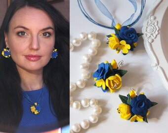 Set of Handmade blue and yellow earrings and pendant from polymer clay flowers Ukrainian accessorise jewellery eco-friendly earrings