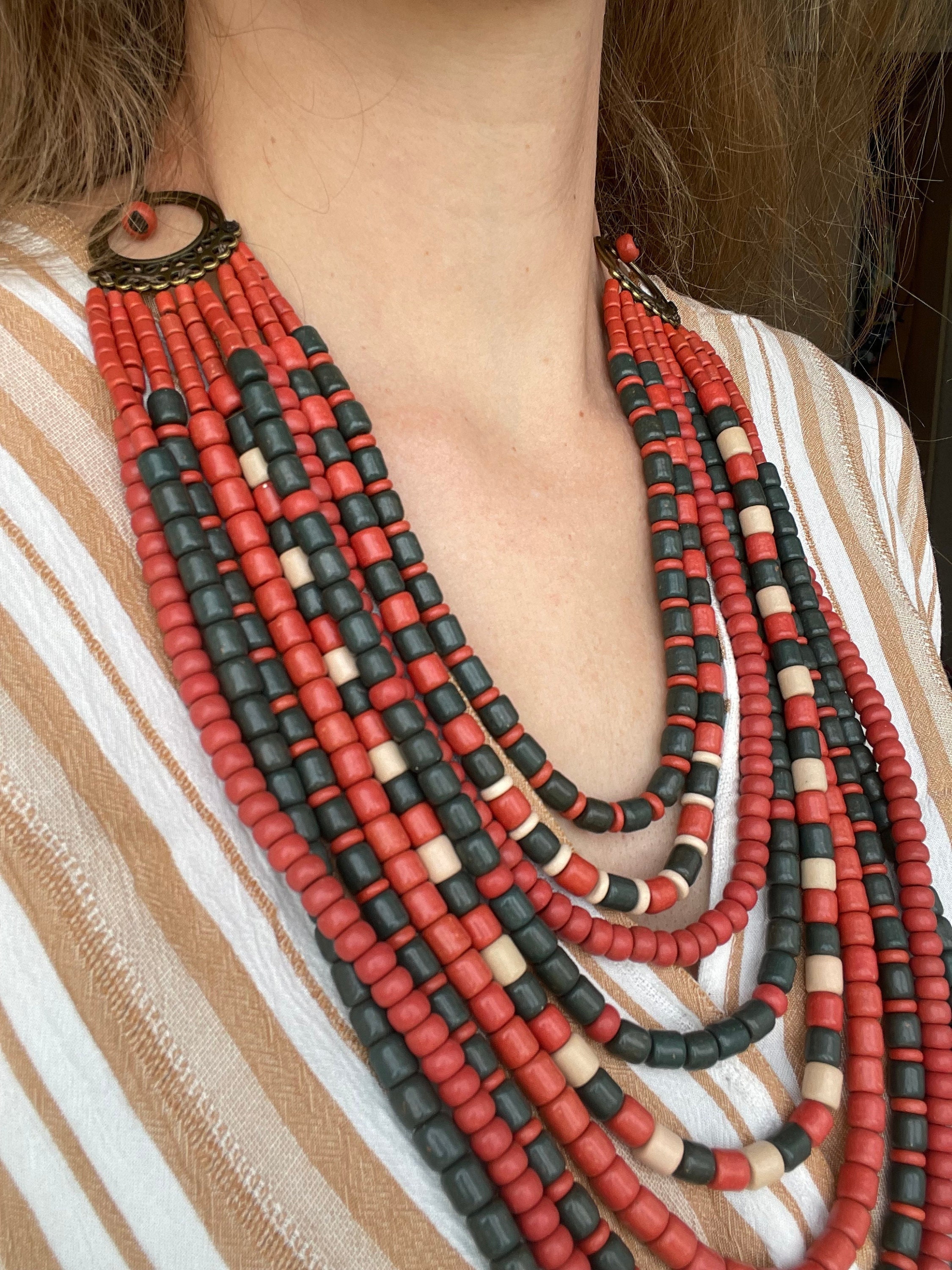 Long Red Ukrainian Traditional necklace ceramics Jewellery Ethnic Multilayer Ethnic Ukrainian Traditional Jewellery Handmade Ceramic Beaded