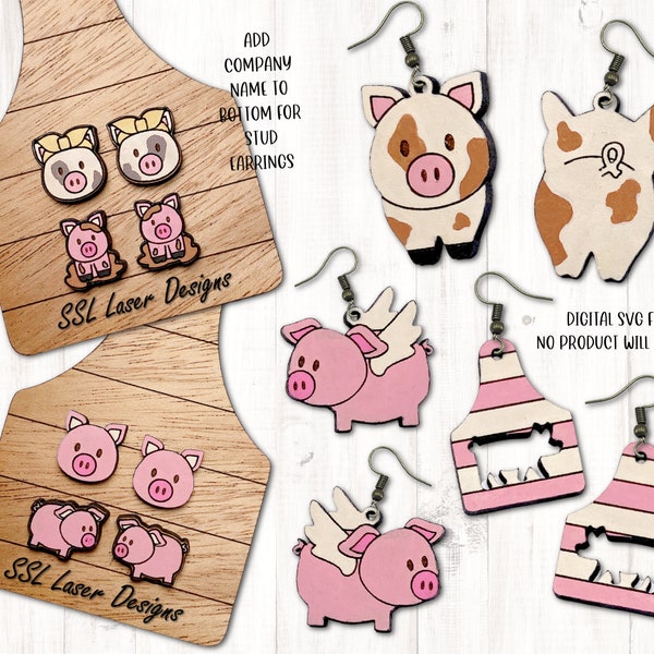 Pig Earrings SVG Cut File, Pig Earrings Laser File, Pig Jewelry Earrings SVG,  Pig Earrings svg, Pig Earrings Svg File, Farm Ear