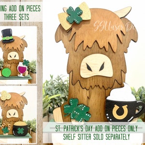 Arquivo SVG complementar da Highland Cow do Dia de São Patrício, arquivo SVG intercambiável da Highland Cow, arquivo a laser Baby Highland Cow, Farm SVG Shelf Sitter