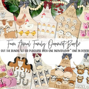 May include: A set of nine wooden ornaments featuring farm animals and their families. Each ornament is shaped like a cutting board and has a year, 2022, and a family name. The animals include goats, chickens, sheep, pigs, horses, donkeys, and cows.
