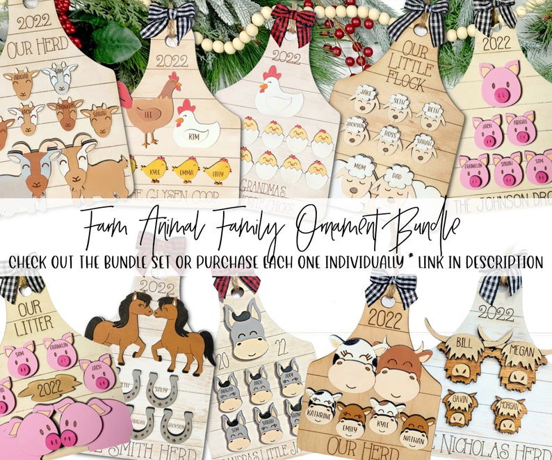 May include: A set of nine wooden ornaments featuring farm animals and their families. Each ornament is shaped like a cutting board and has a year, 2022, and a family name. The animals include goats, chickens, sheep, pigs, horses, donkeys, and cows.