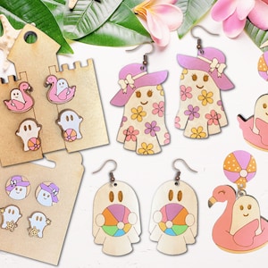 May include: Assortment of wooden earrings featuring various designs, including ghosts, flamingos, and beach balls. The earrings are painted in pastel colors and have a whimsical, summery feel.