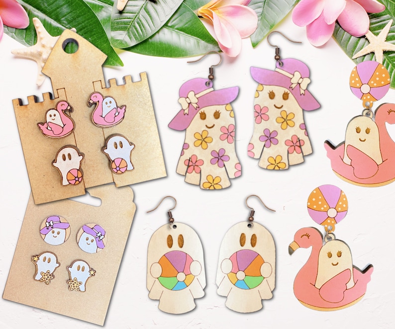 May include: Assortment of wooden earrings featuring various designs, including ghosts, flamingos, and beach balls. The earrings are painted in pastel colors and have a whimsical, summery feel.