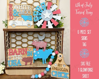 4th of July Farm SVG Tiered Tray, Fourth of July Cow SVG Tiered Tray, July Chicken Cut File Tiered Tray, July Pig Laser SVG Tiered Tray