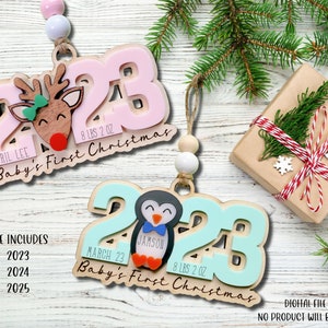 Baby&#39;s First Christmas Ornament SVG File, 2023 Baby Ornament SVG Laser Cut File, Penguin Baby Ornament Svg File, Reindeer Baby Ornament SVG