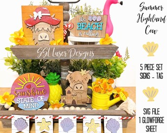 Bandeja em camadas de vacas de verão Highland SVG, Bandeja de Highland de praia, Bandeja em camadas de vacas fofas Corte SVG, Vacas fofas SVG, Arquivo de corte a laser de vacas fofas